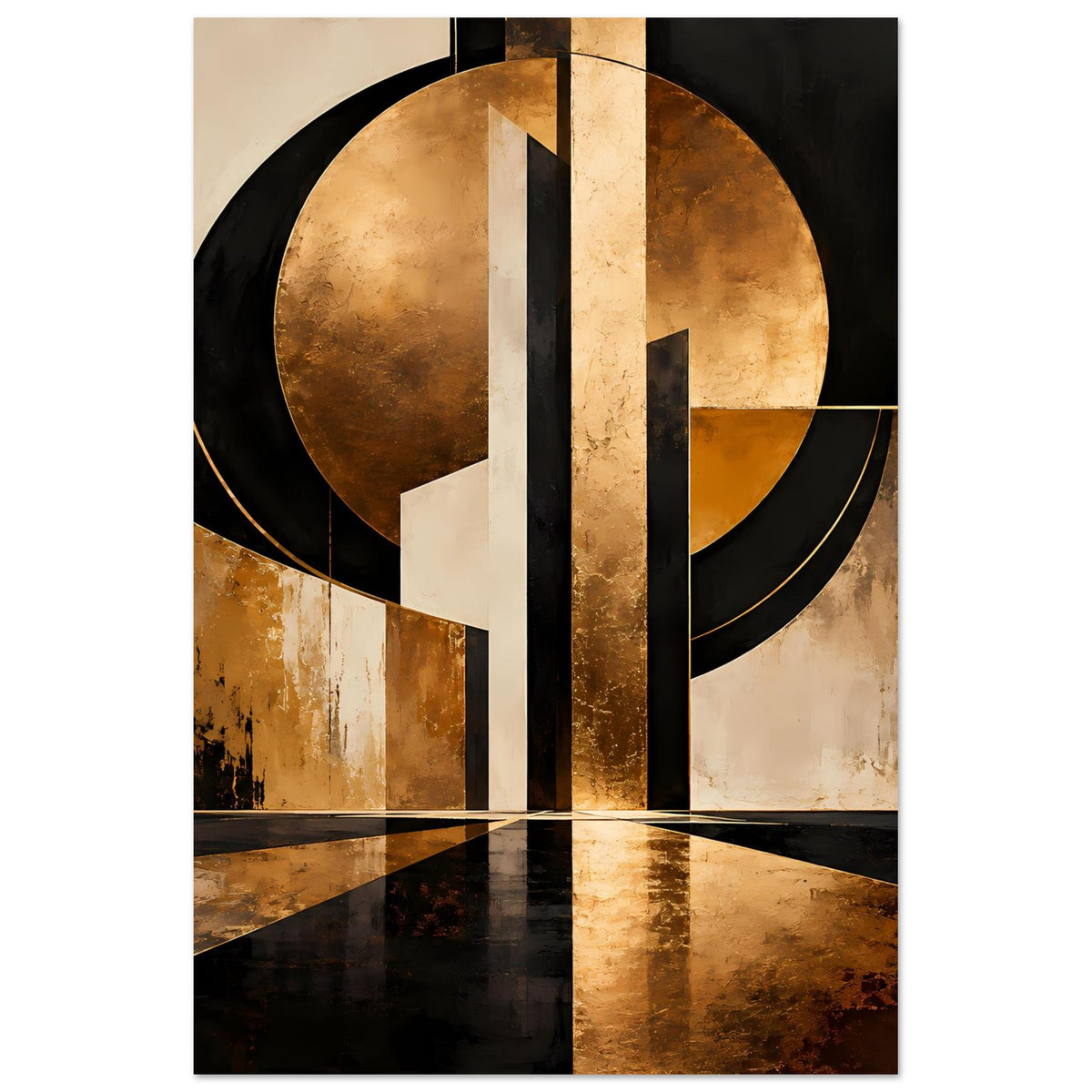 Abstraktes Gold-Schwarz-Artposter mit großem Kreis, senkrechten Streifen und Rahmen