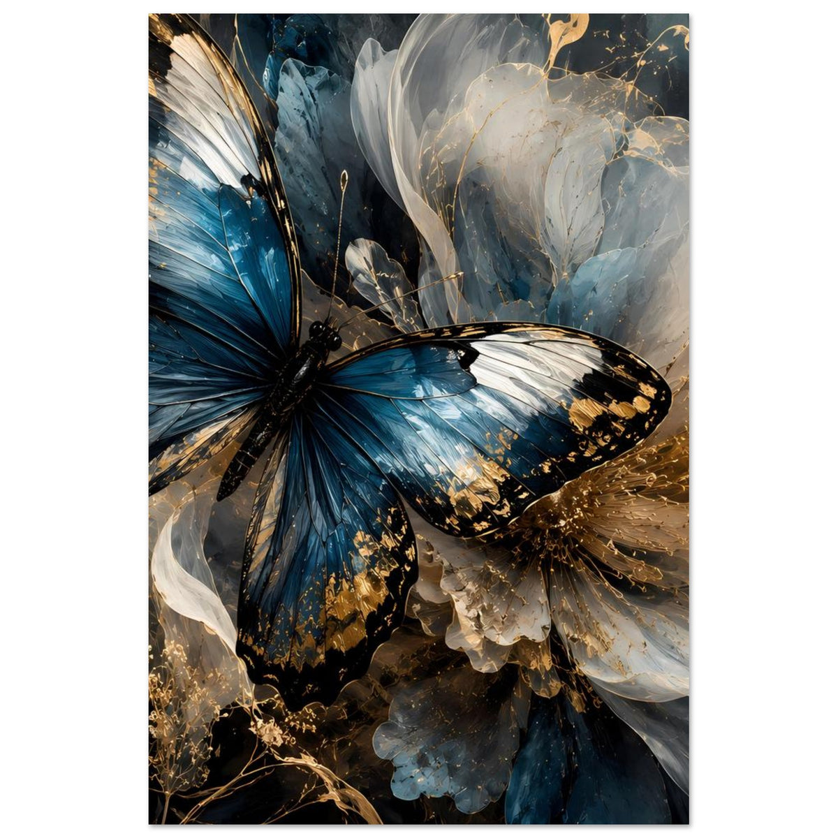 Vertikales Poster mit blauem Schmetterling, goldenen Sprenkeln und weißem Federflügel