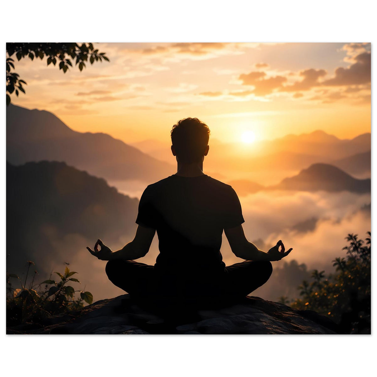 Poster mit Meditationssilhouette, Sonnenuntergang über Berglandschaft und Wolken