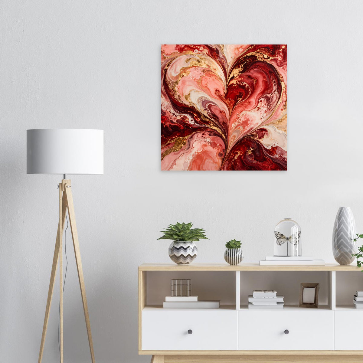 Wandposter mit abstraktem Herz in Rot, Rosa und Gold, marmorierter Farbverlauf