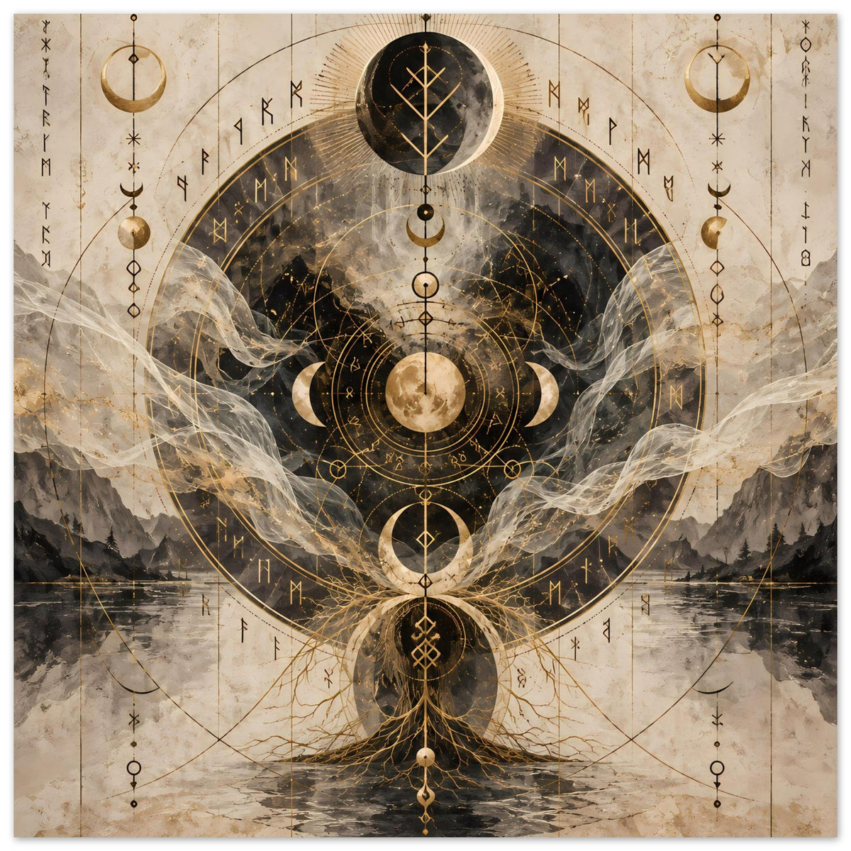 Wandposter mit Mondphasen-Mandala in Gold und Dunkel, mit feinen Sternzeichenlinien