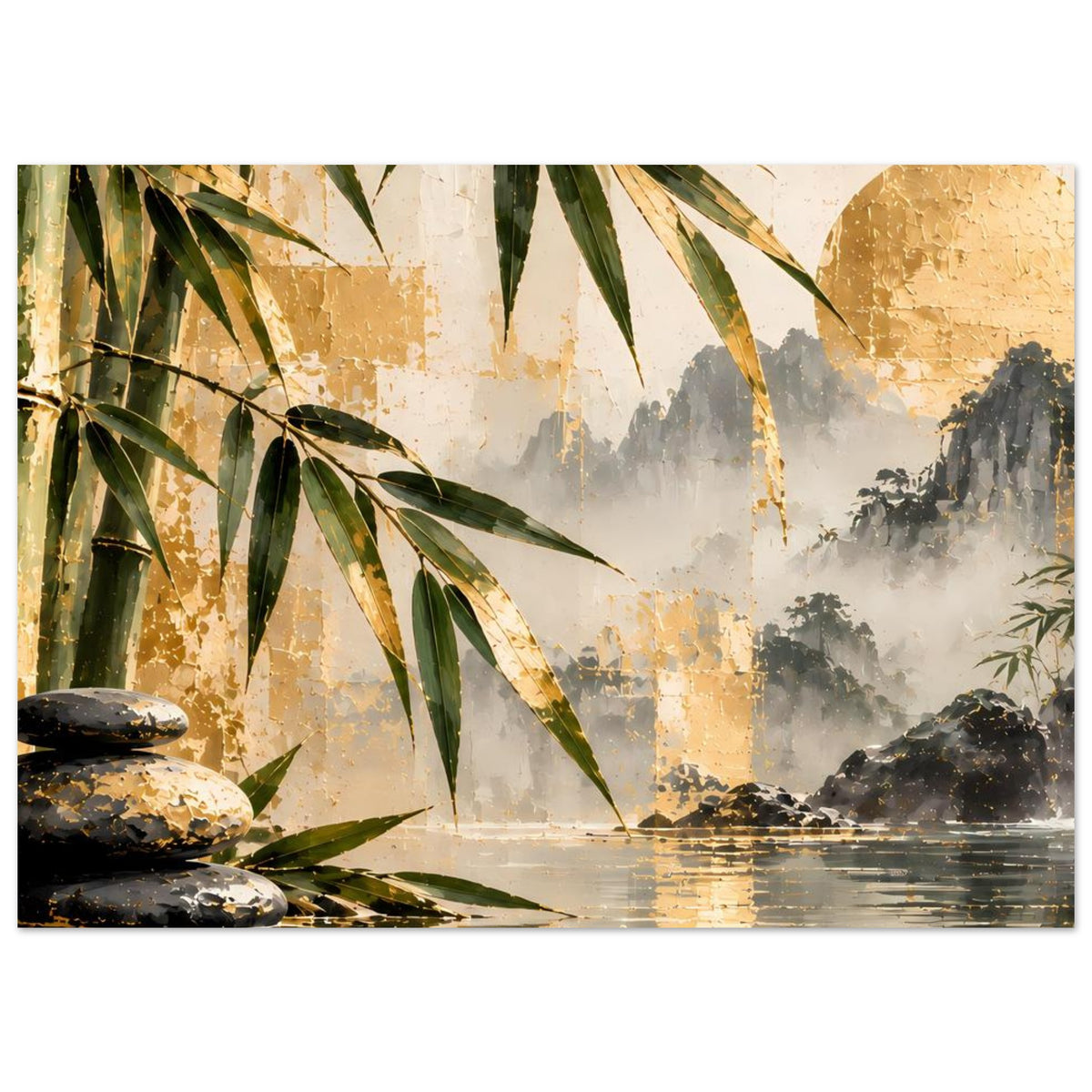Horizontales Poster mit Bambus, Steinen am Ufer und Wasserfall in Gold- und Grautönen