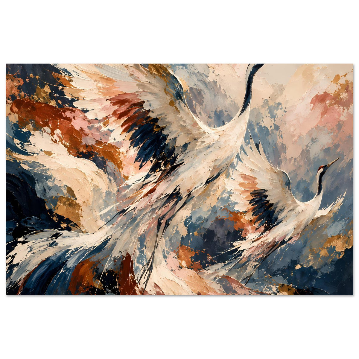 Poster mit Kranichen im Flug, abstrakte Federstriche in Beige, Blau, Rost und Braun