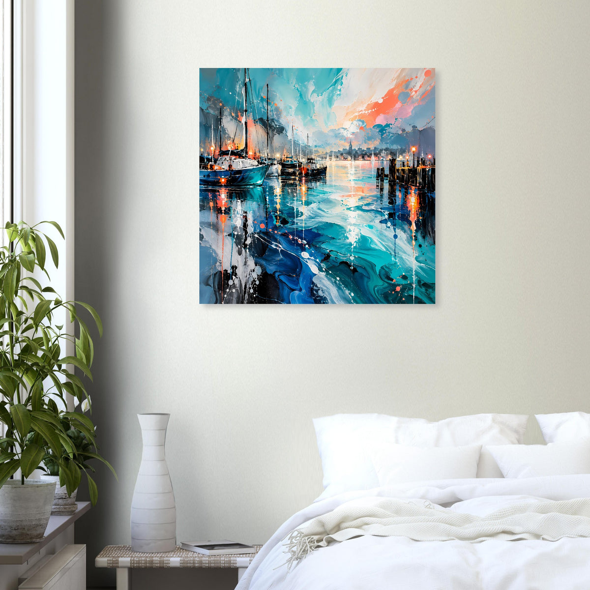 Quadratisches Poster mit Hafenmotiv und Spiegelungen im Wasser, blau und orange