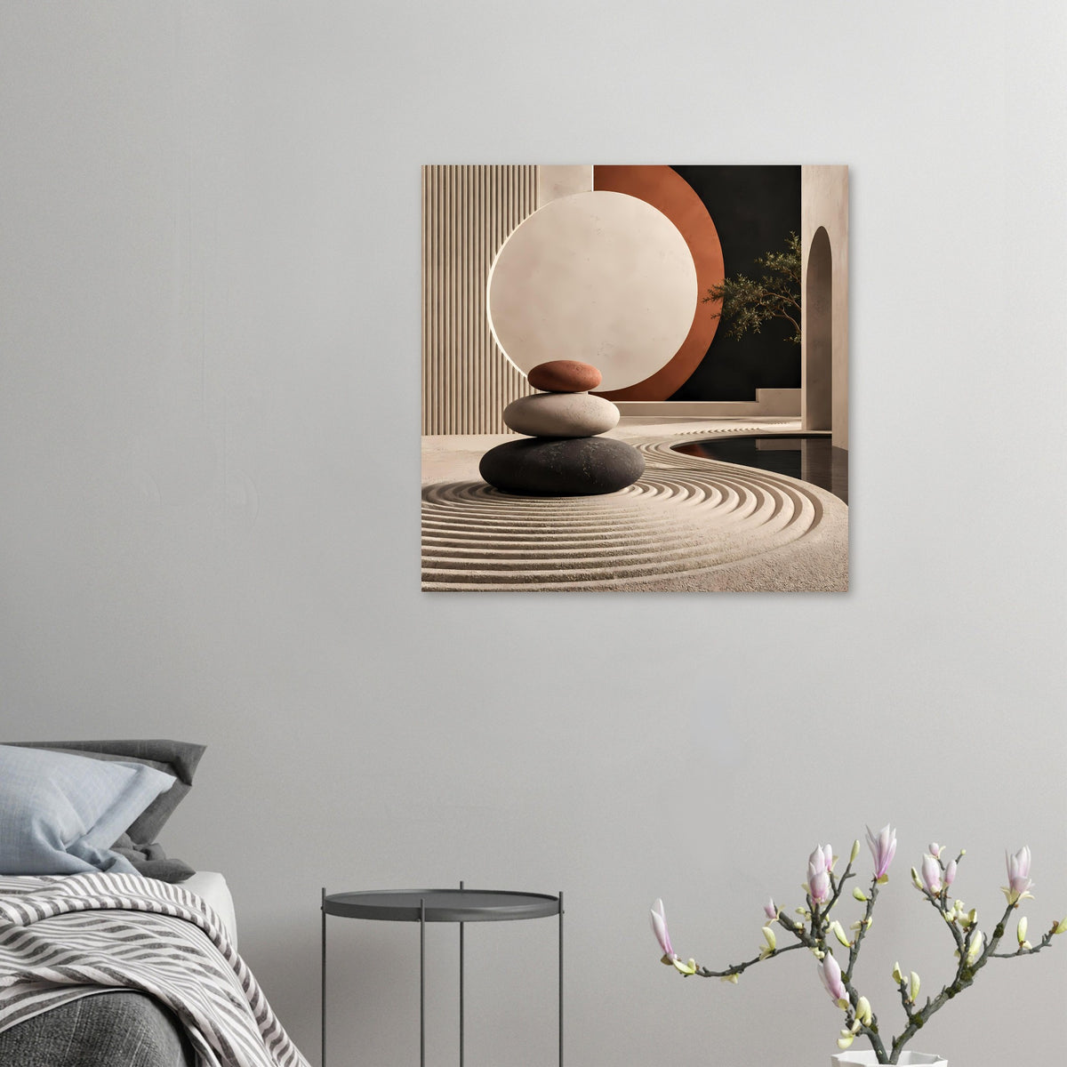 Minimalistisches Kunstposter (kleine Ansicht): Kreis in Creme, Terrakotta-Akzent, Steinsäule