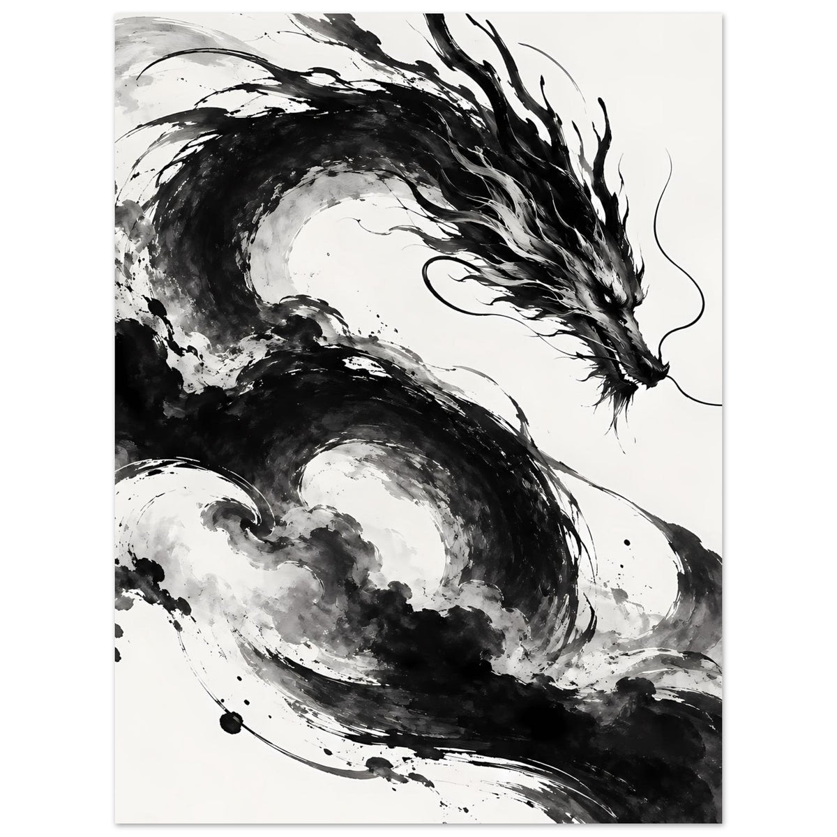 Poster mit schwarz-weißer Drachenillustration, großflächige Pinselwolken und Schweif