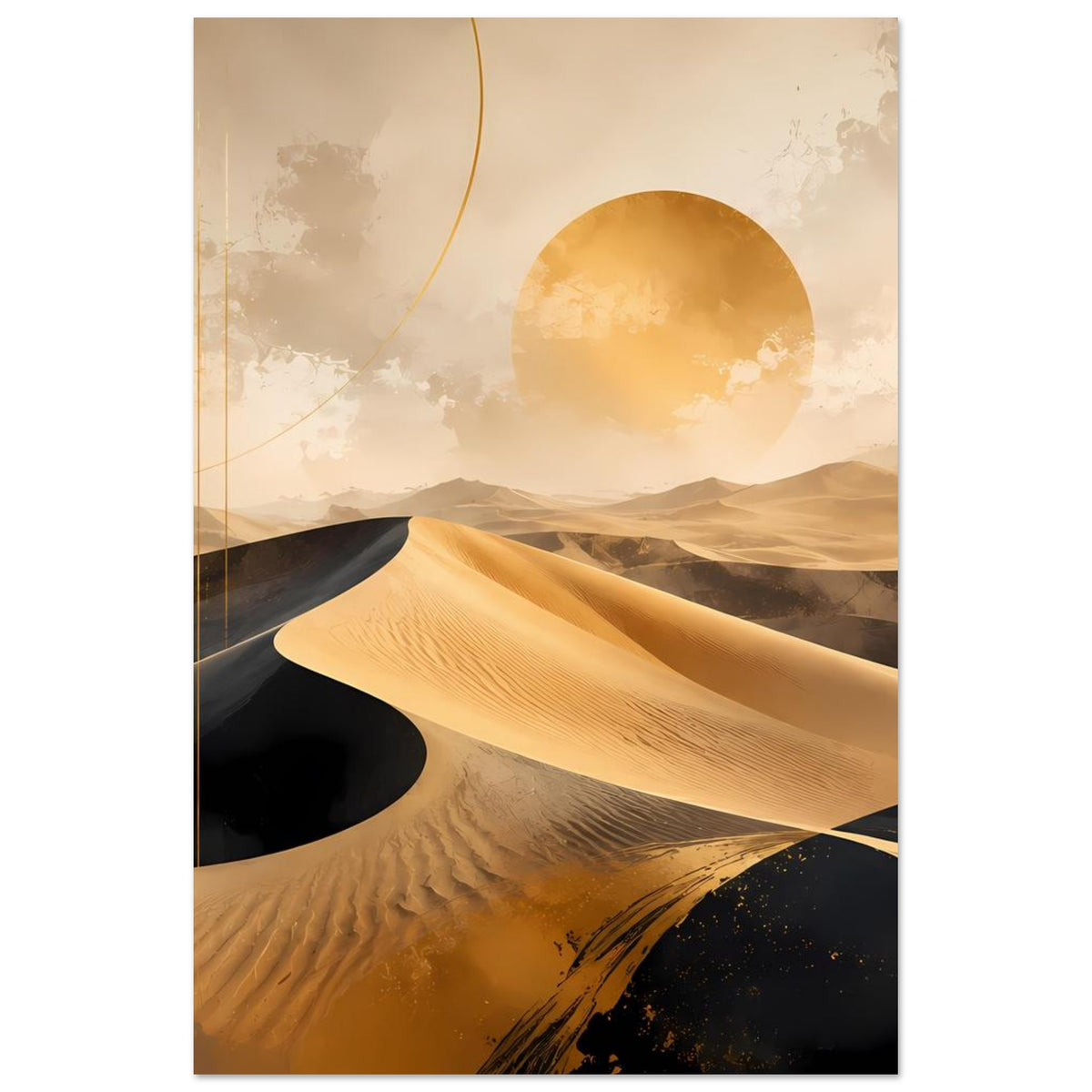 Wüstenposter im Hochformat mit goldenen Dünen, dunklen Sandflächen und Sonne im Kreis