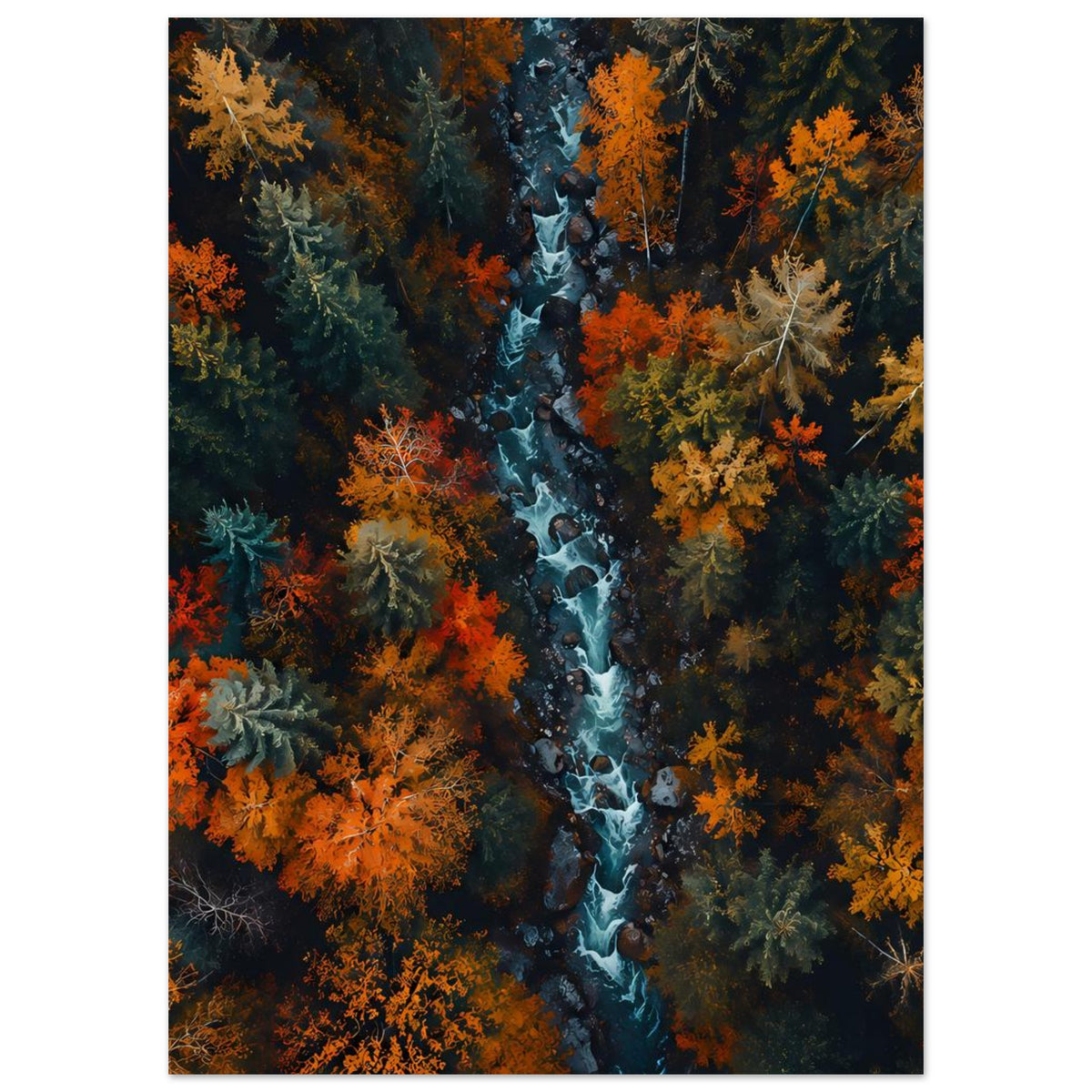 Poster mit Herbstwald und Fluss, dichtes Blätterdach in Orange, Gelb und Grün