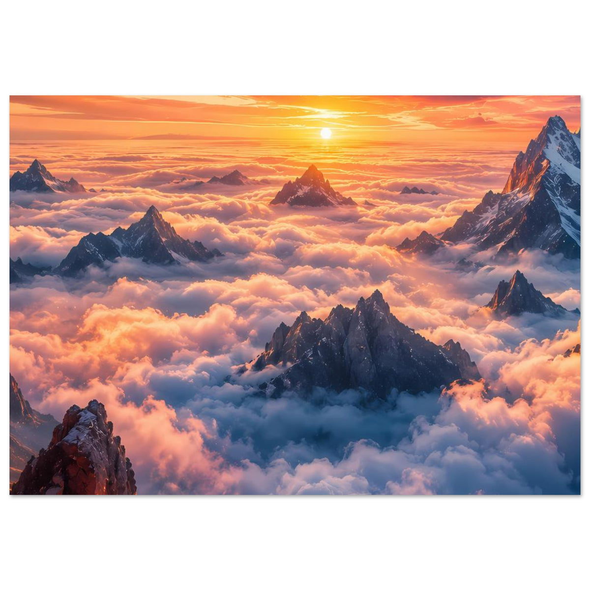 Wandposter mit Sonnenaufgang über Berggipfeln im Wolkenmeer, horizontal