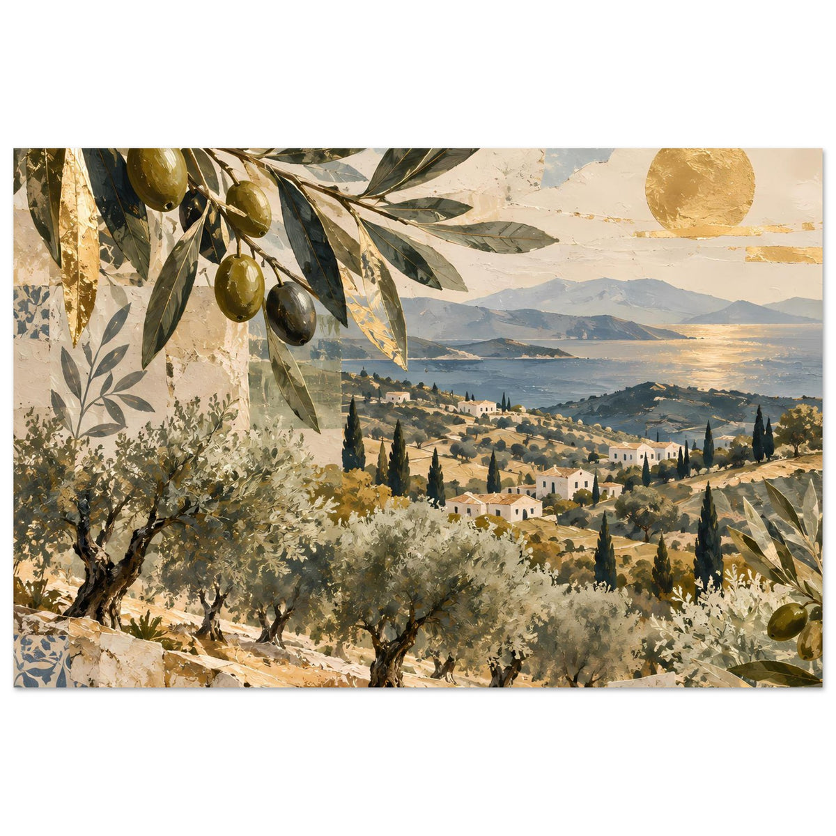 Mediterranes Olivenhain-Poster mit Olivenblättern links und weiten Hügeln