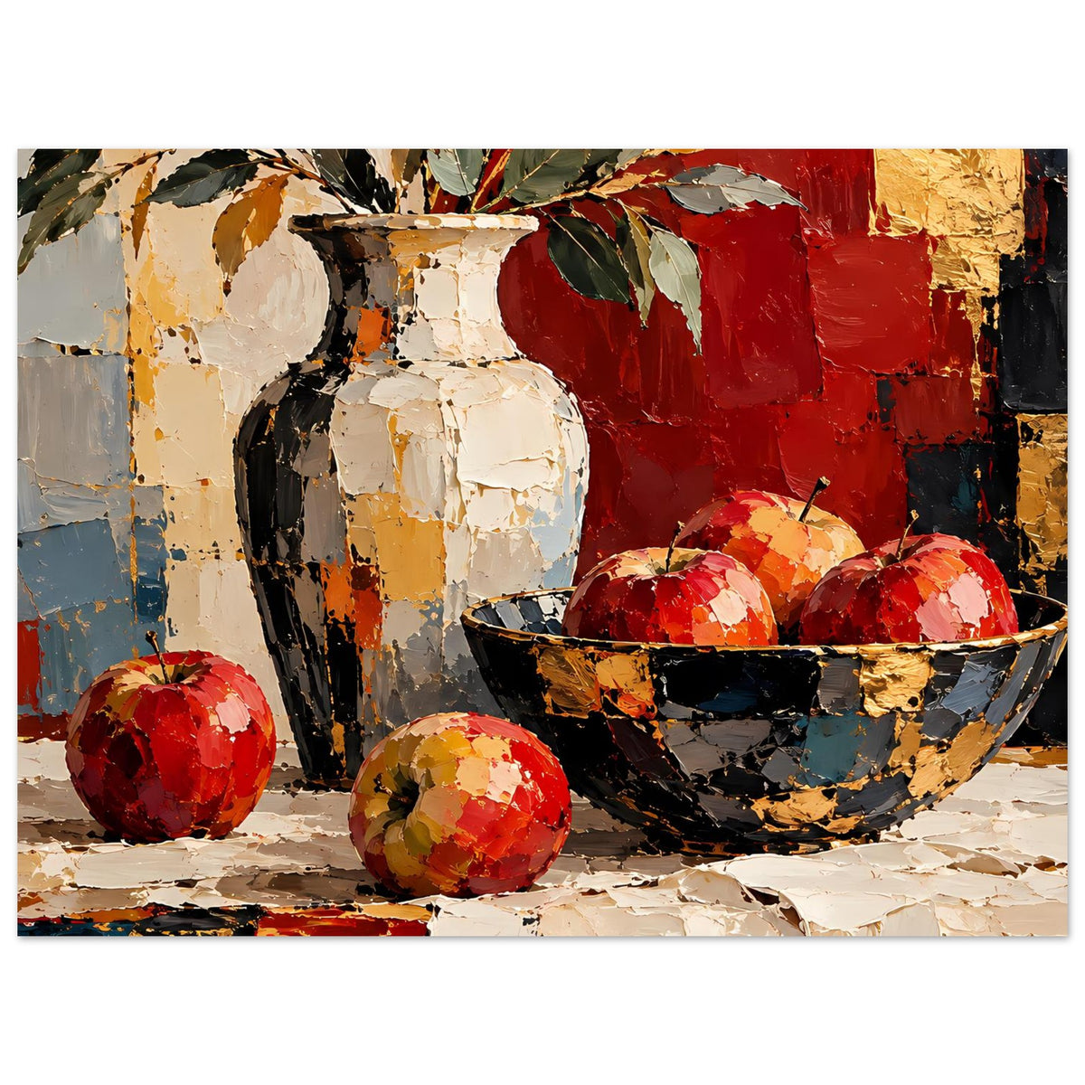 Kunstposter Stillleben: Vase, große rote Kugel-Frucht vorn, Schale mit weiteren Früchten