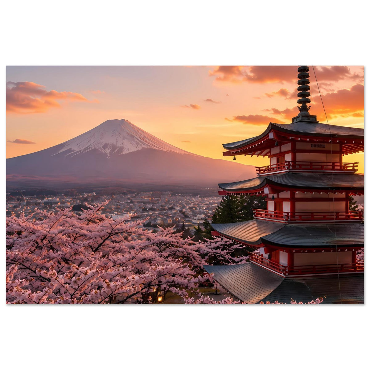 Japanisches Kunstposter: Berg Fuji links, rote Pagode rechts, Kirschblüten und Sonnenuntergang