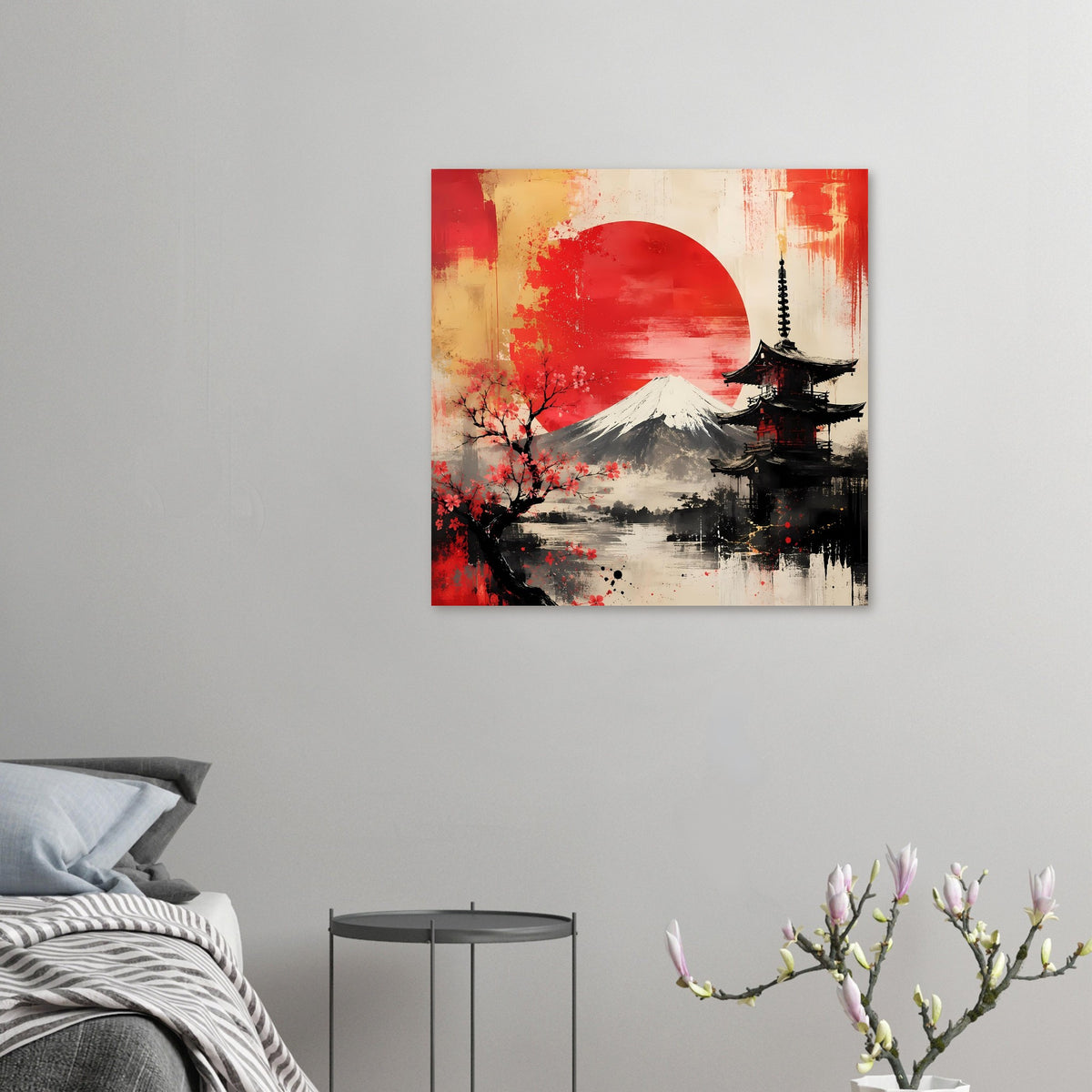 Japanisches Poster mit roter Sonne, Fuji-Berg, Pagode und Kirschbaumblüten im Tuschstil