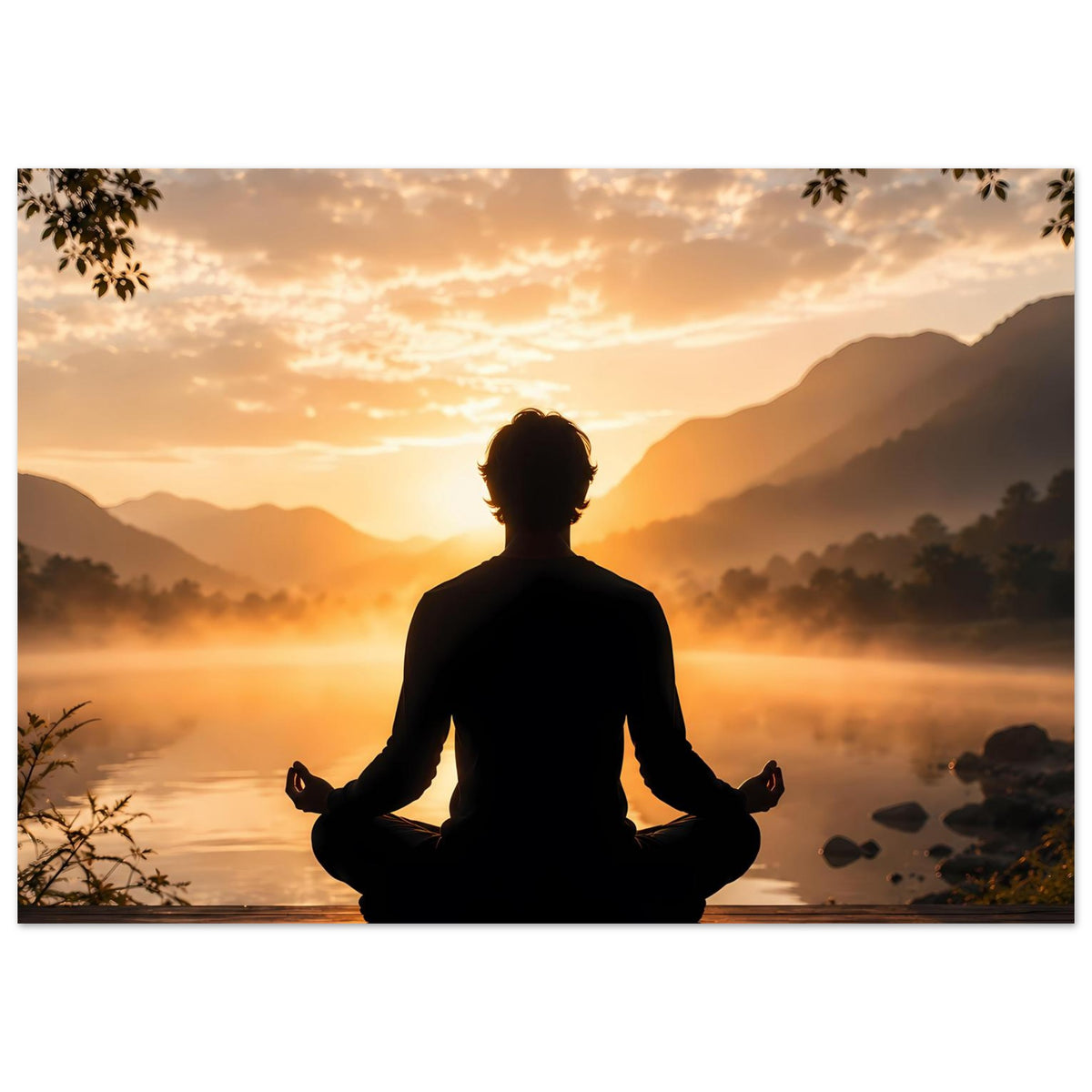 Zen-Meditationsposter im Querformat: meditierende Silhouette bei warmem Sonnenaufgang, ruhig zentriert.