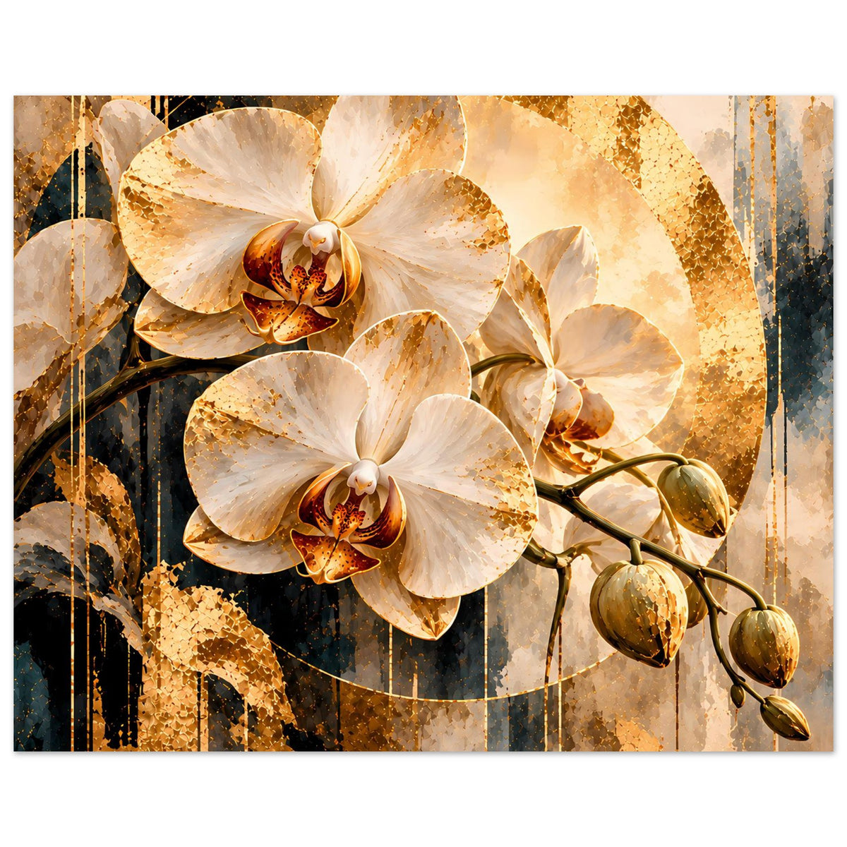 Orchideen-Kunstposter mit cremefarbenen Orchideen, gold-beigem Farbverlauf und Astzweigen