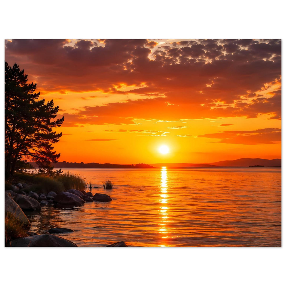 Poster mit Sonnenuntergang über Wasser: warme Wolken, Sonne am Horizont, reflektierende Wellen.