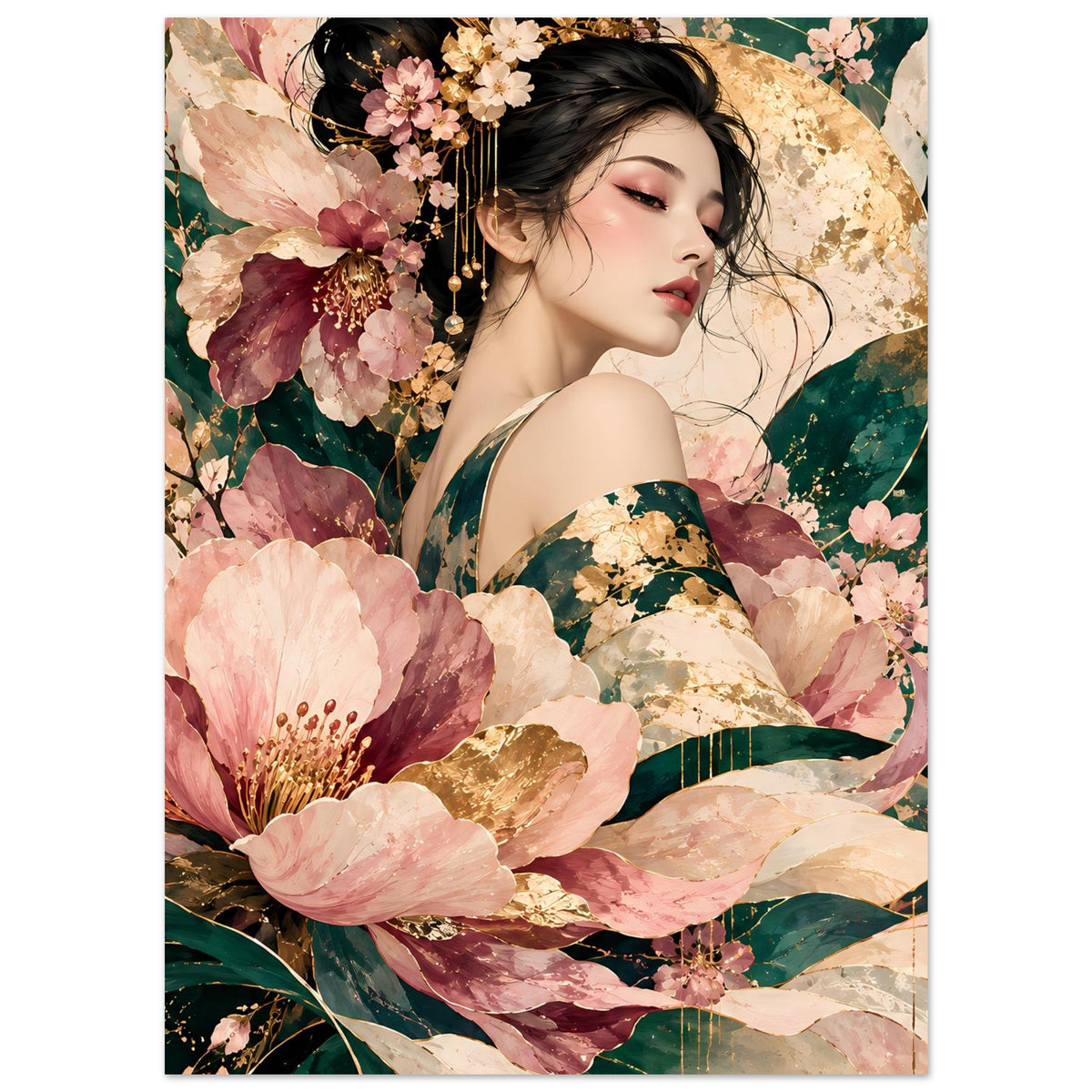 Elegantes Poster mit Frau und floralen Blüten in Rosé, Grün und Gold