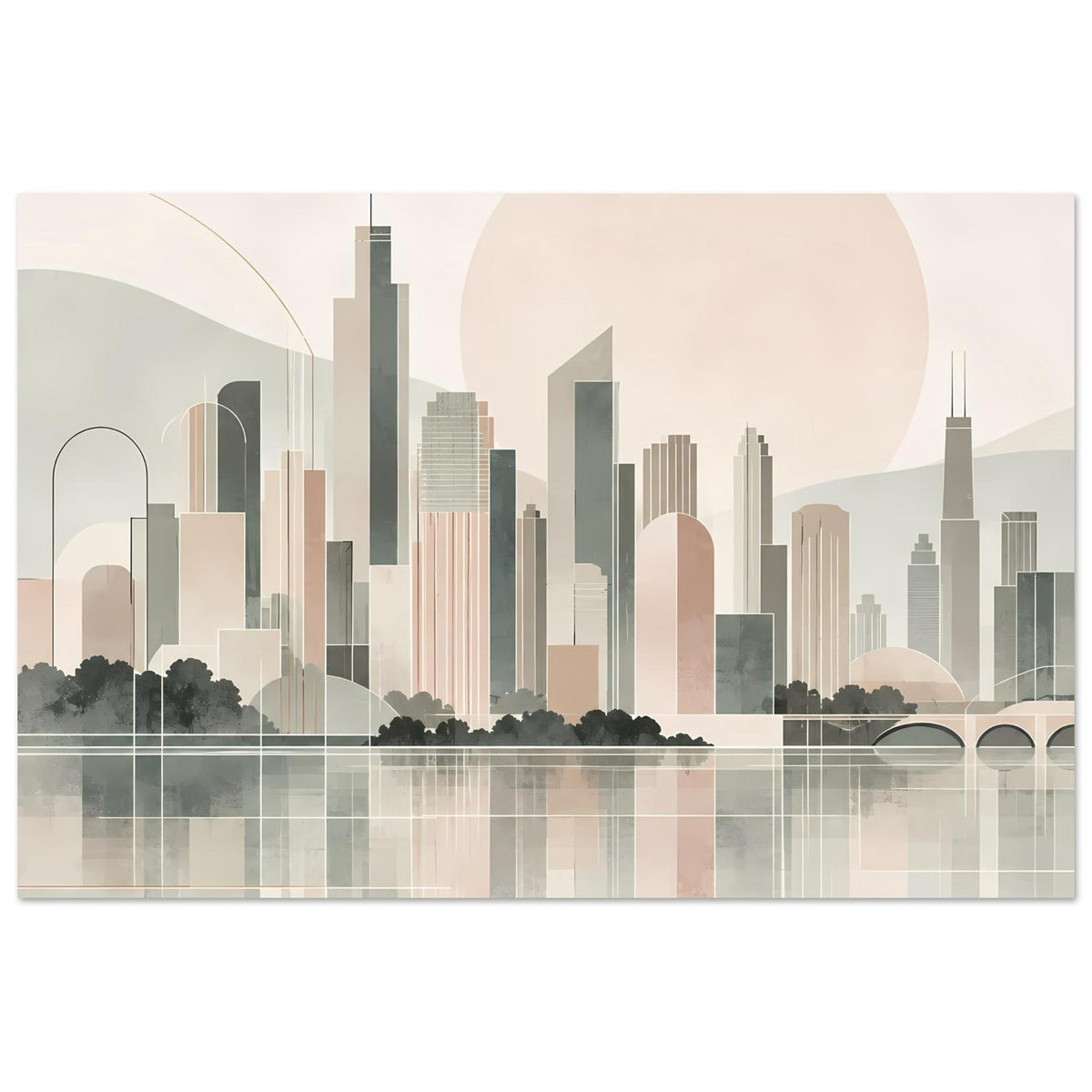 Stadtposter im weißen Rahmen: abstrakte Skyline und pastellige Sonnenscheibe über Wasser
