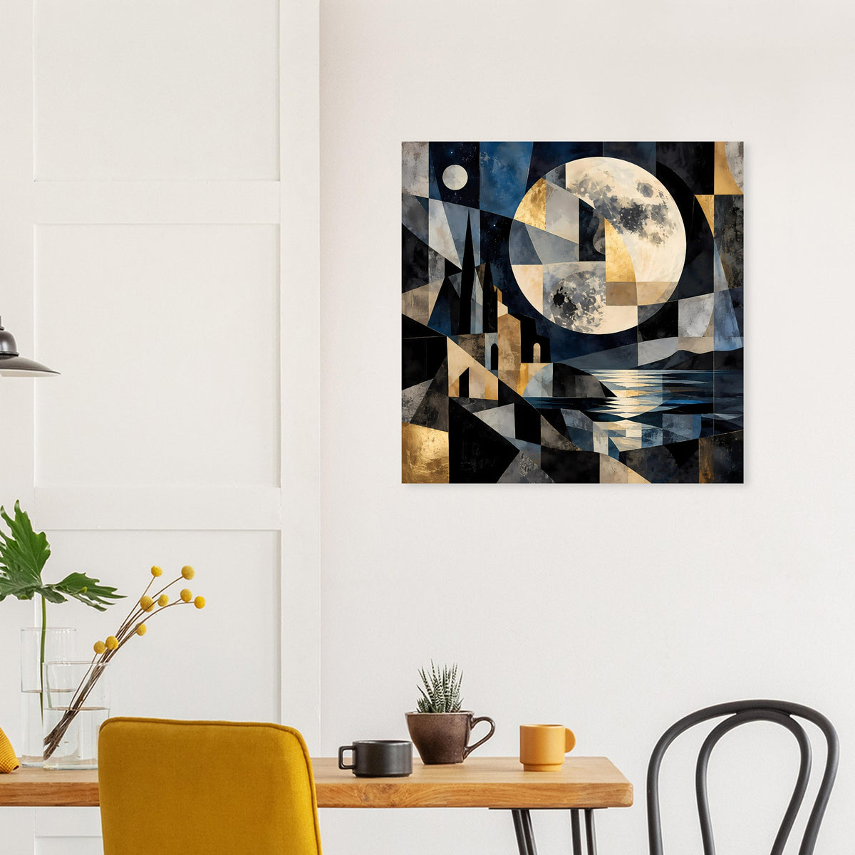 Geometrisches Poster mit rundem Mond über abstraktem Meer- und Stadtmuster in Blau, Gold