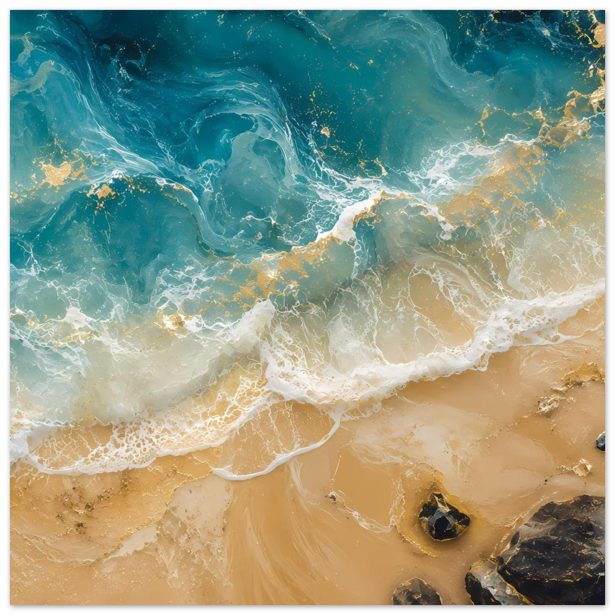 Poster mit Meerwellen und Sandstrand, türkisblaues Wasser und goldene Akzente