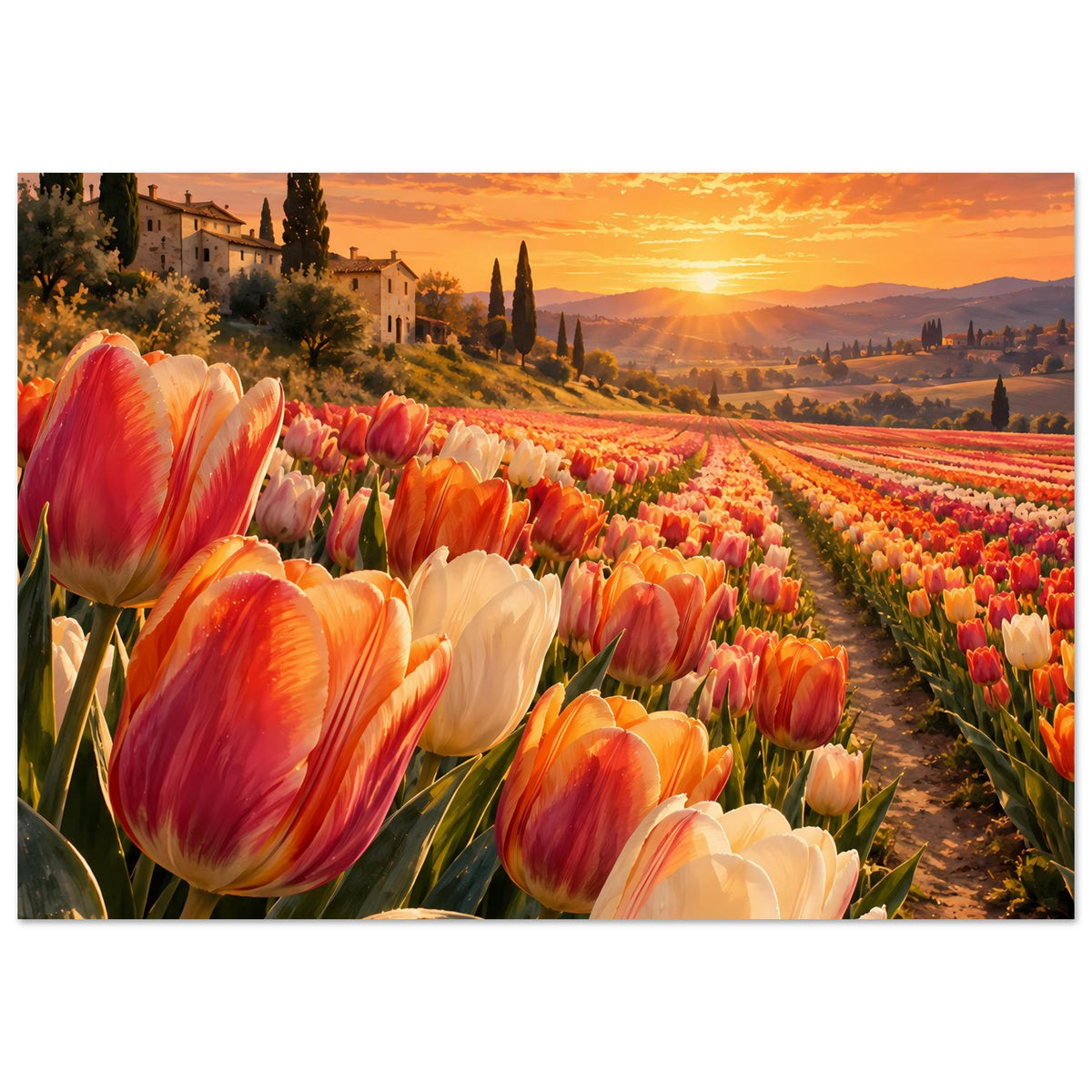 Poster mit Tulpenfeld im Sonnenuntergang, orange-rote und weiße Tulpen, Aussicht über Felder