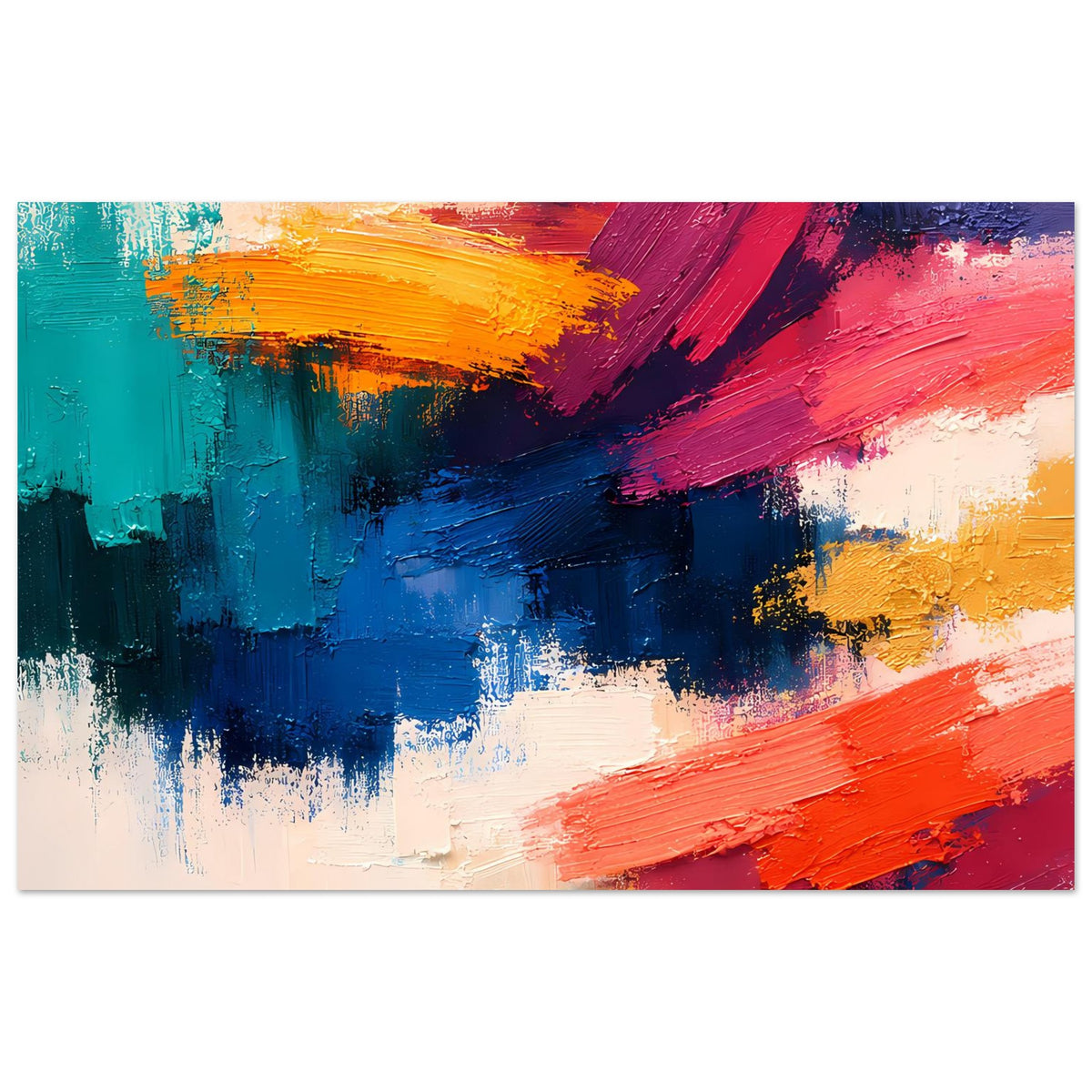 Abstraktes Kunstdruck-Poster, horizontal: kräftige Pinselstriche in Blau, Rot, Orange