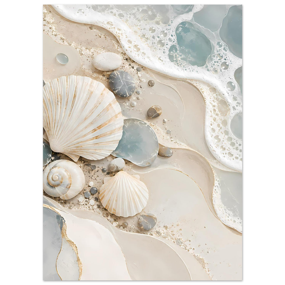 Meerblick-Poster mit Muscheln, weißen Muschelschalen und blauen Kieseln unter Wellen