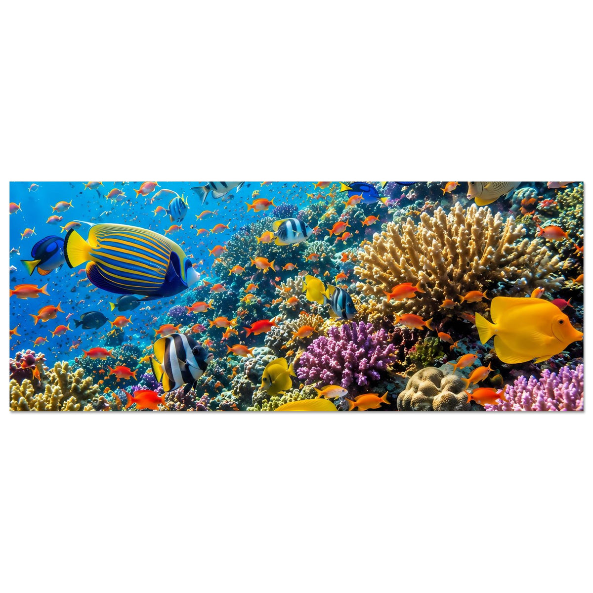 Poster im Querformat mit Korallenriff und bunten tropischen Fischen, breiter Ausschnitt