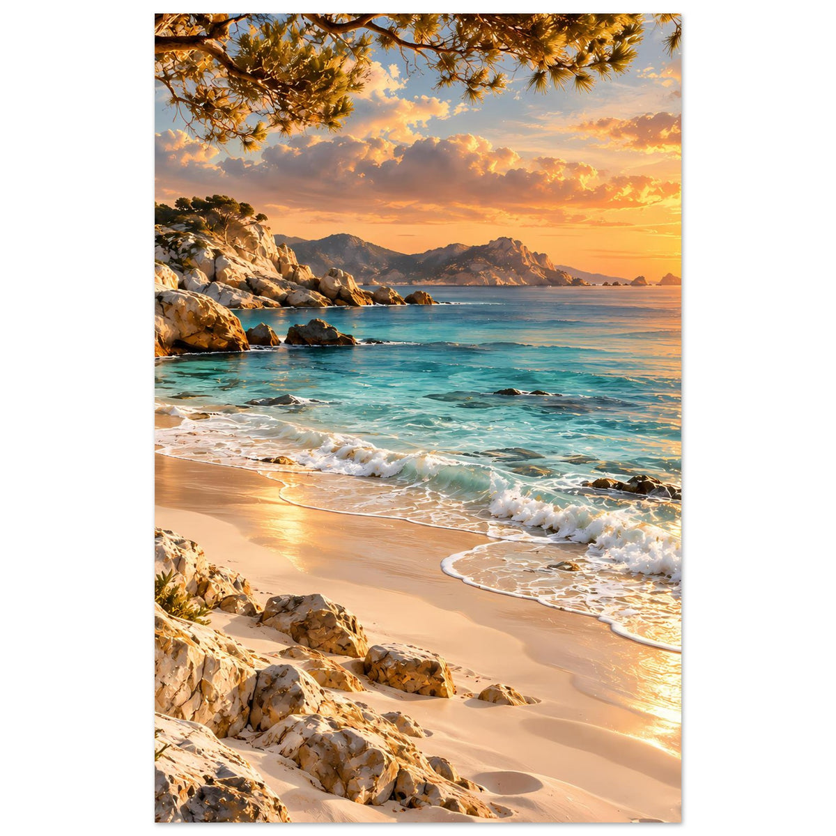 Strandlandschafts-Poster: goldener Sonnenuntergang am Meer, Sandstrand, Felsen und Wellen