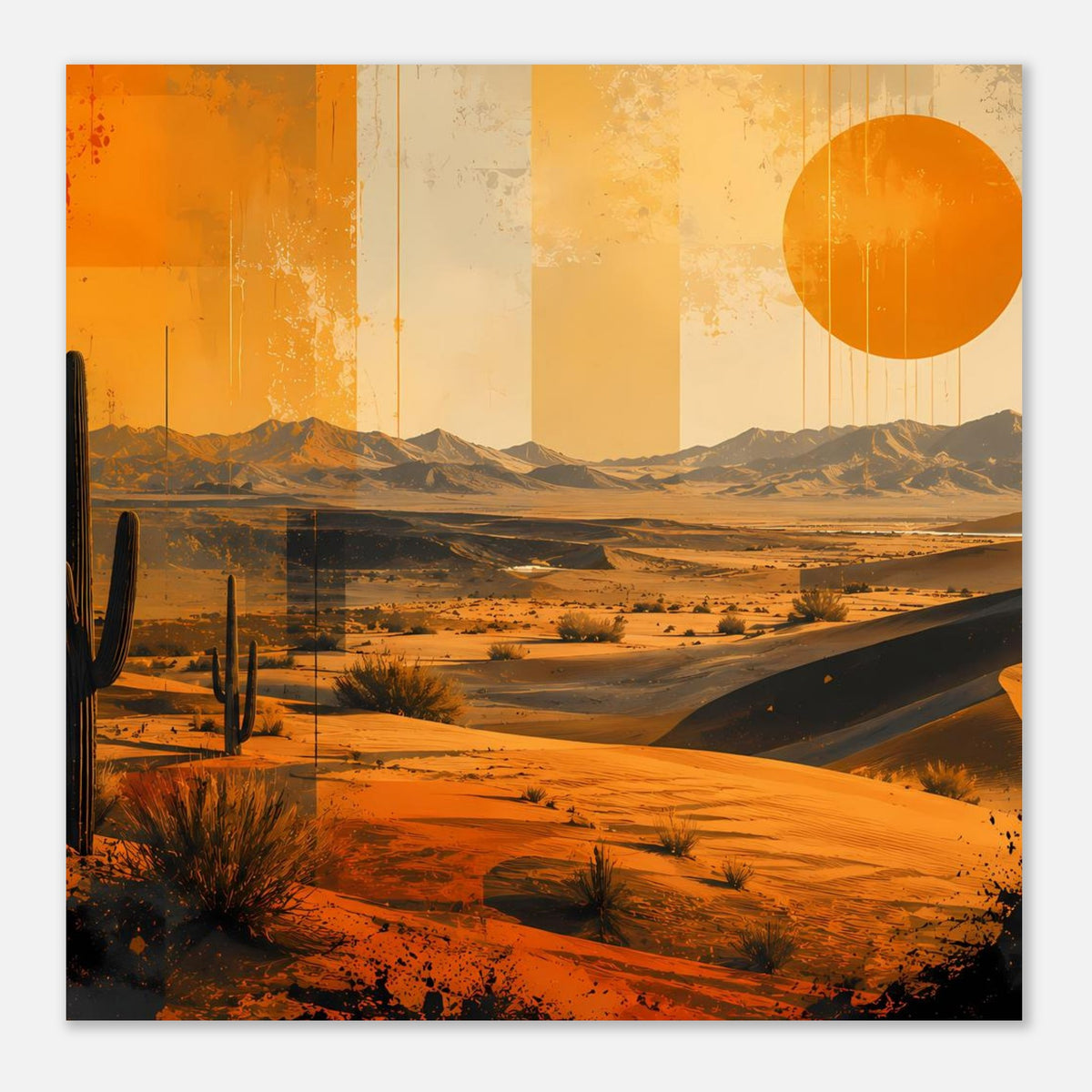 Nahansicht des quadratischen Retro-Wüstenposters mit orangefarbener Sonne und Dünen