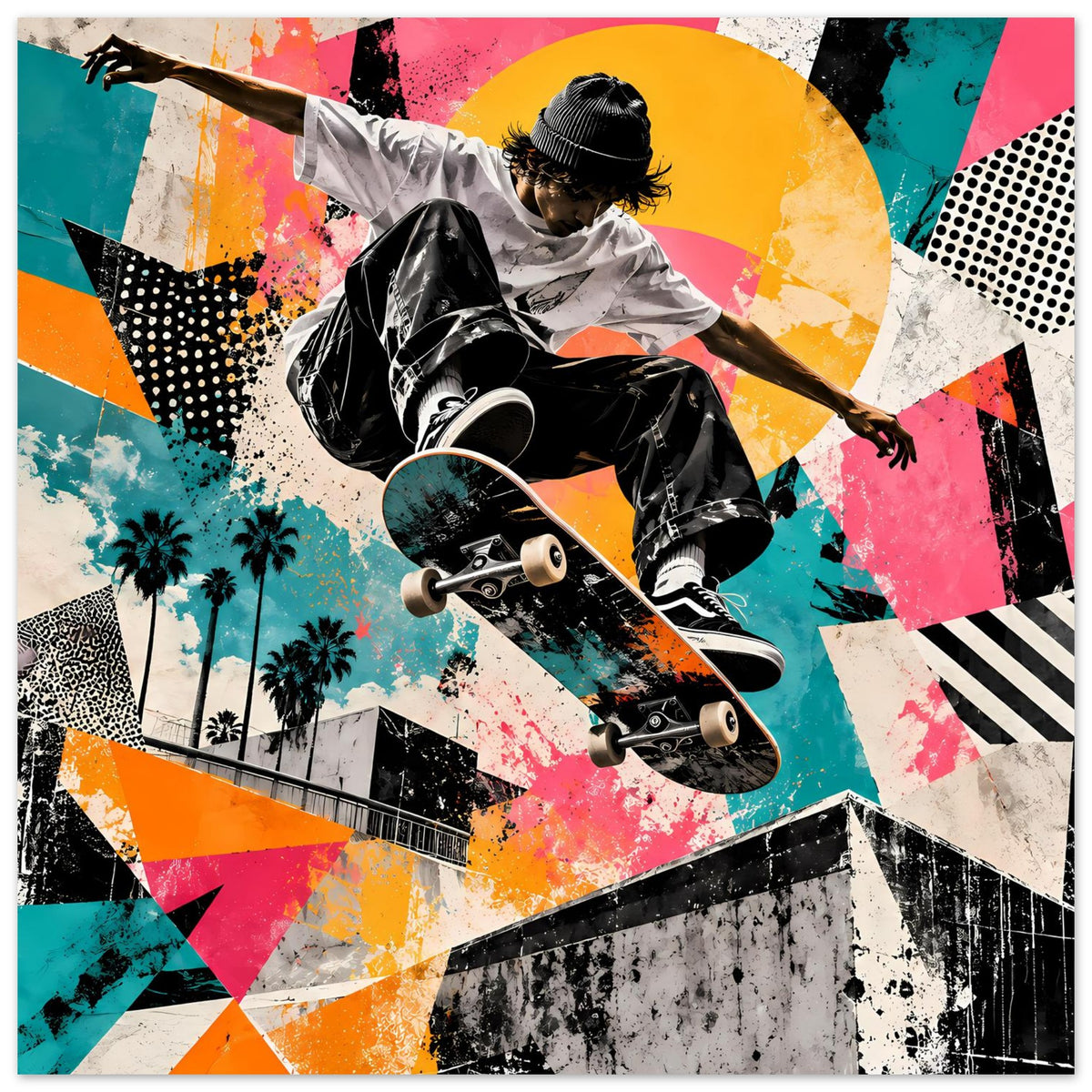 Street-Art-Poster mit Skateboarder, Neon-Graffiti, kräftige Farbflächen und Skateboard