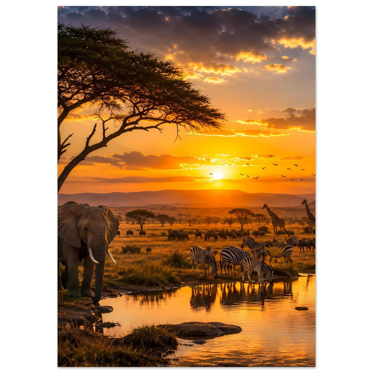 Vertikales Poster: Elefanten links und Zebras an der Wasserstelle bei Sonnenuntergang