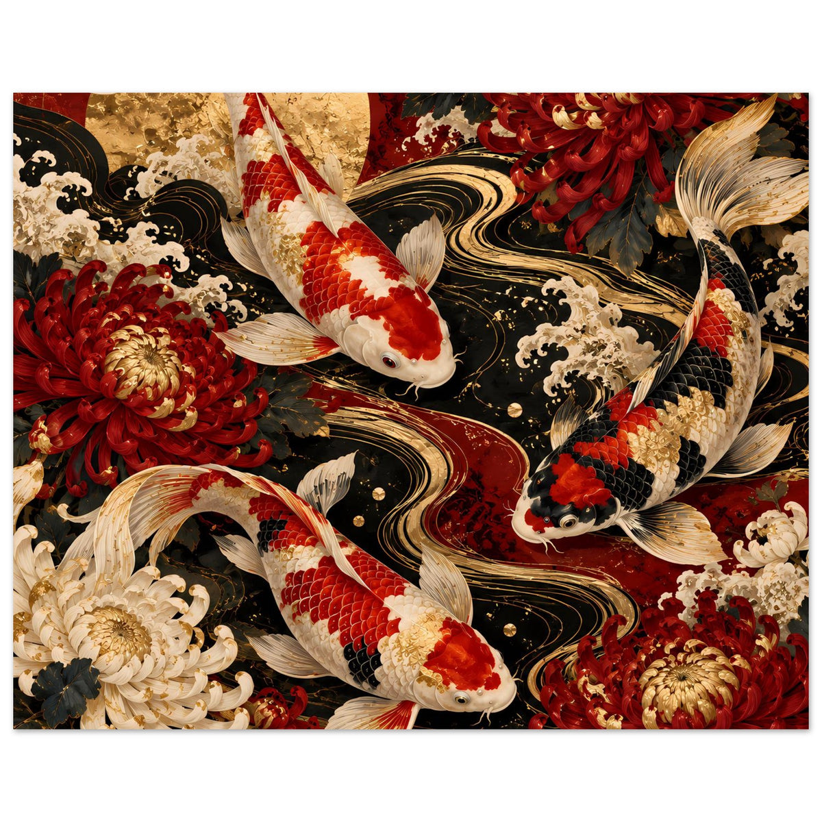 Koi-Karpfen Poster mit weißen und goldroten Koi, großen roten Chrysanthemen und Wellenlinie