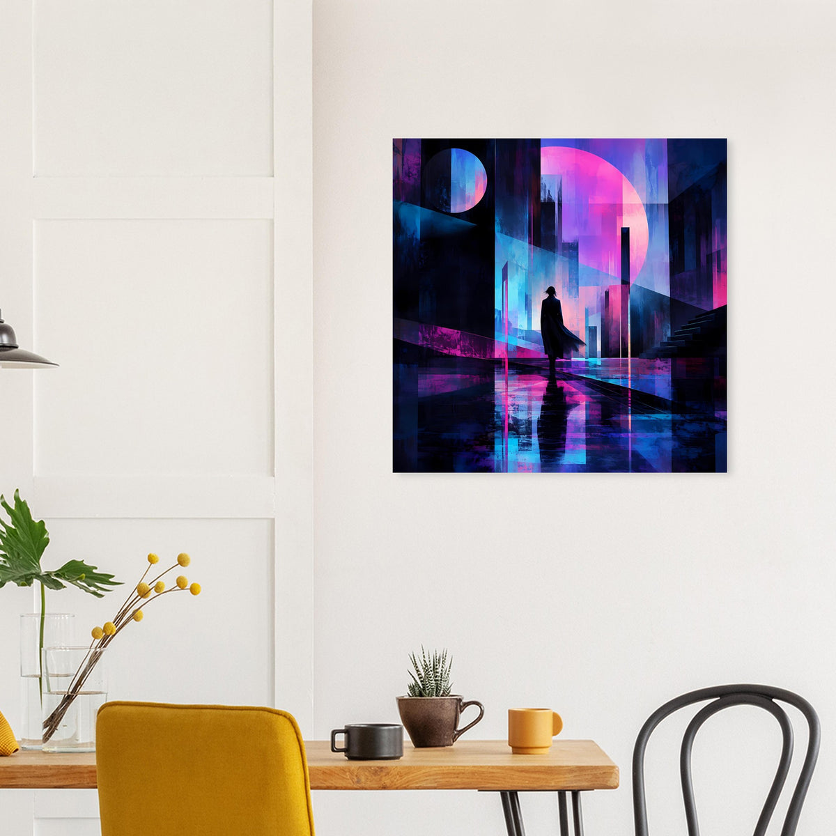 Quadratisches Poster mit farbintensiver Neon-Nachtszene und Silhouette auf spiegelndem Boden