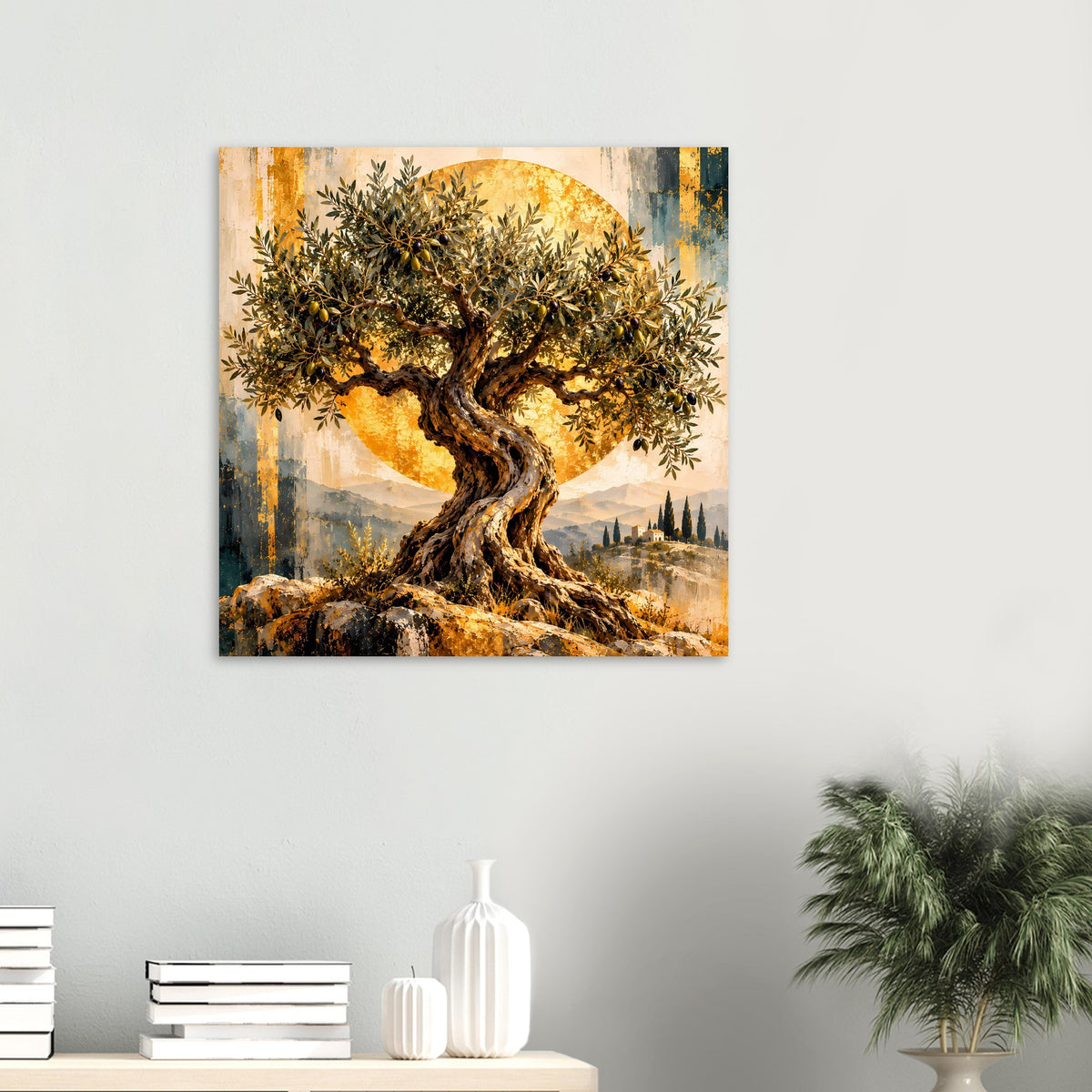 Olivenbaum-Poster (klein) mit goldenen Blättern, verdrehtem Stamm und warmem Lichtkreis
