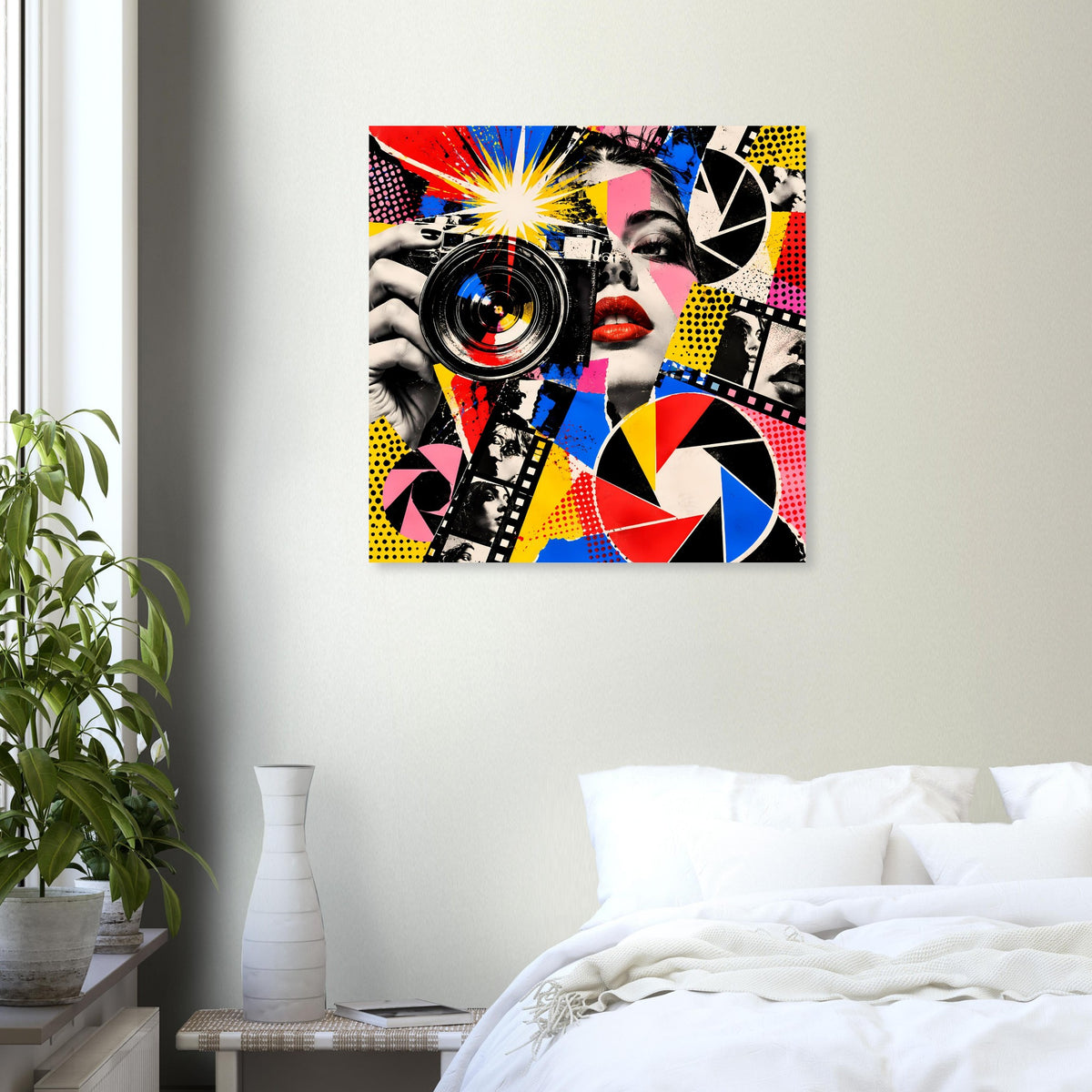 Pop-Art-Fotoposter: Frau mit Kamera, leuchtende Farbexplosion und grafische Muster.