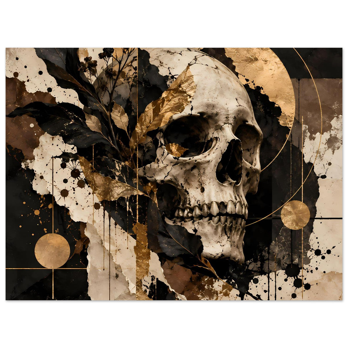 Kunstposter mit Totenkopf, Blattzweigen, goldenen Linien und Kreisformen im Schwarz-Gold