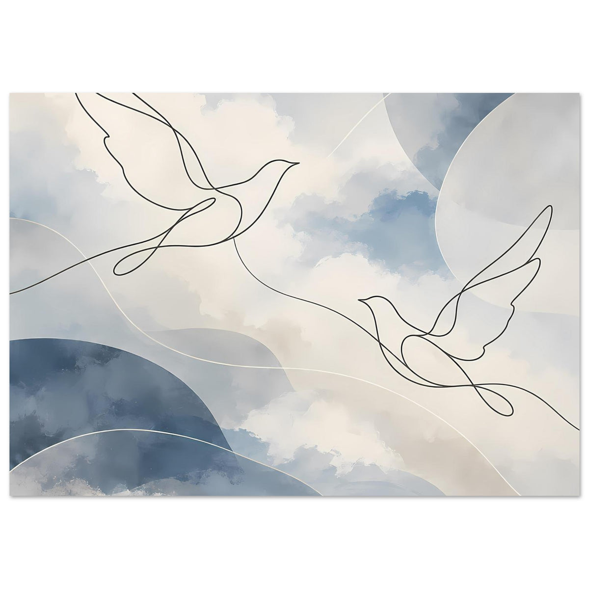 Abstraktes Querformat-Poster: minimalistisches Taubenmotiv mit blauen Wolken und Kreisbögen