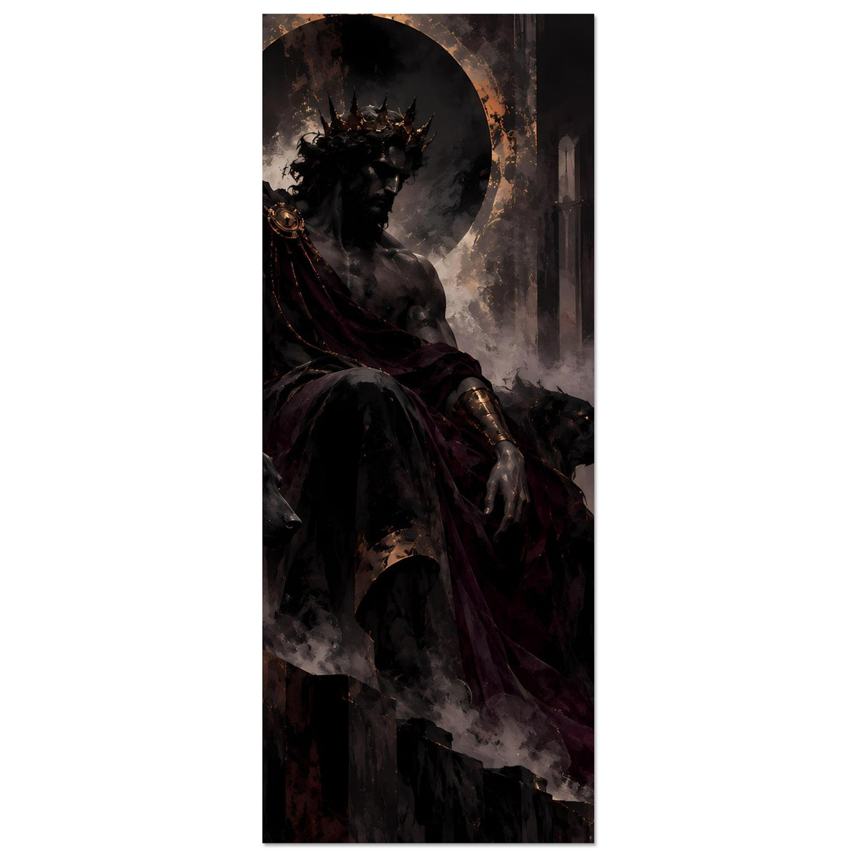 Fantasy-Poster im Hochformat: düstere Kriegerfigur mit Krone und Schwert, Mond