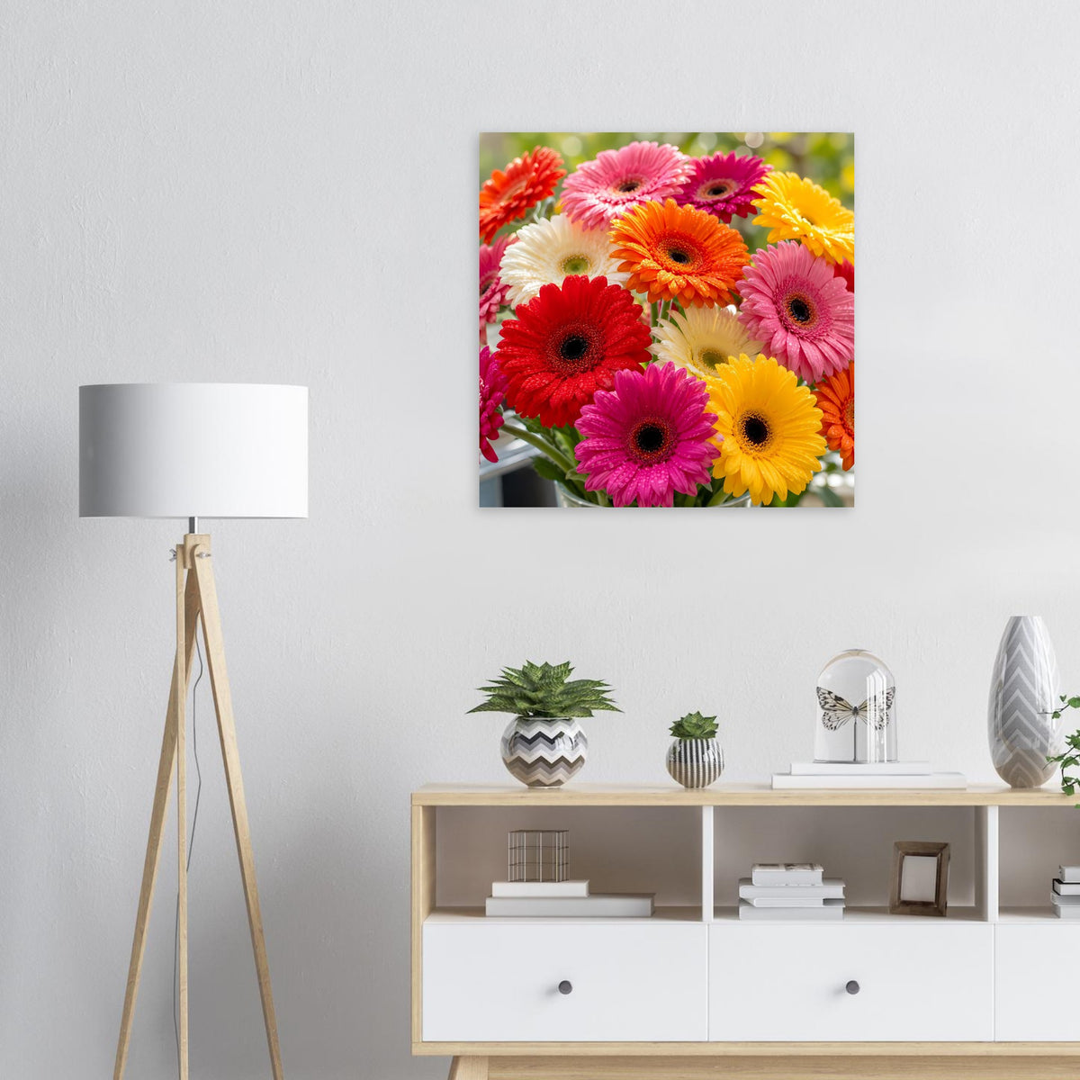 Gerbera-Blumenstrauß Poster im Rahmen, farbiger Strauß aus gelben, roten und pinken Gerbera