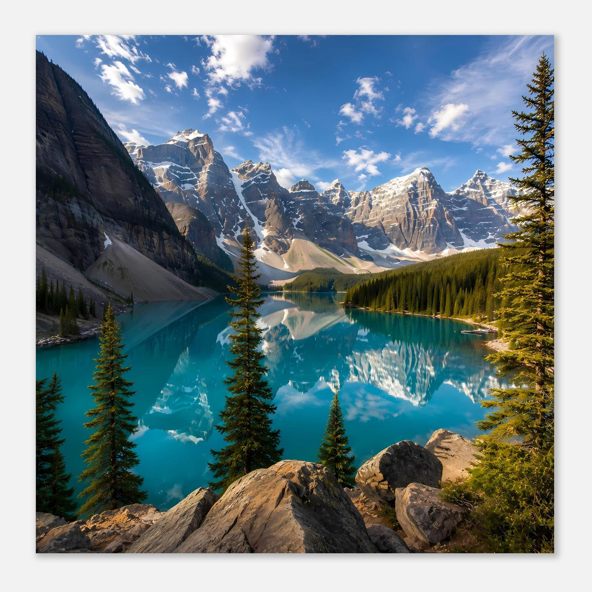 Wandposter im Querformat mit türkisblauem See, Fichten und felsigen Alpenbergen