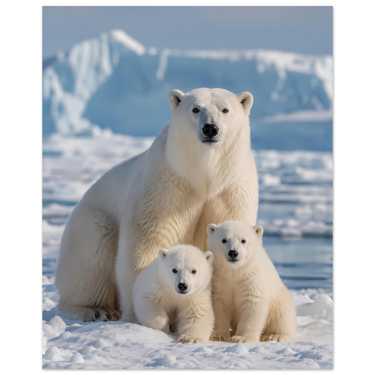 Kunstdruck der Eisbärenfamilie: großer Eisbär aufrecht, zwei Jungtiere davor
