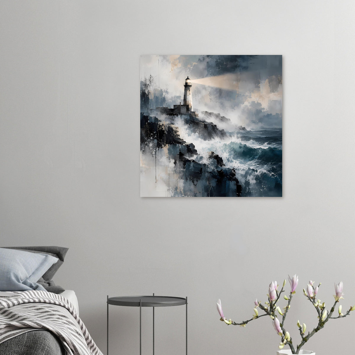 Kleines maritimes Poster mit Leuchtturm auf Klippen und blau-grauer See im Kunststil