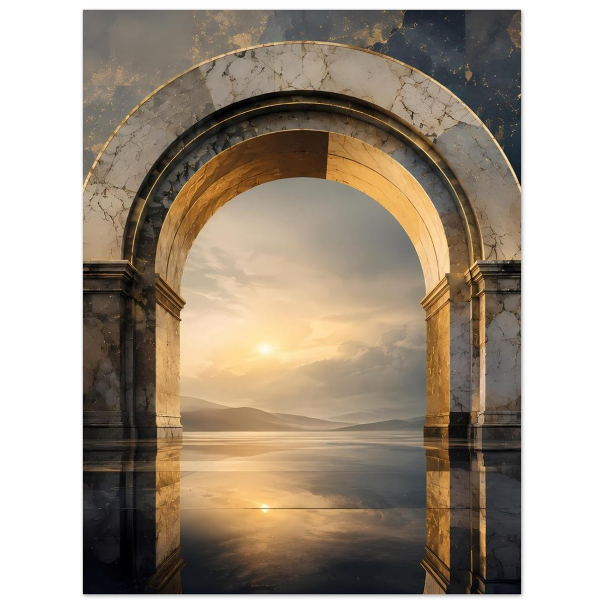 Wandposter mit antikem Marmorbogen, goldenen Ringen und spiegelnder Wasserfläche unten