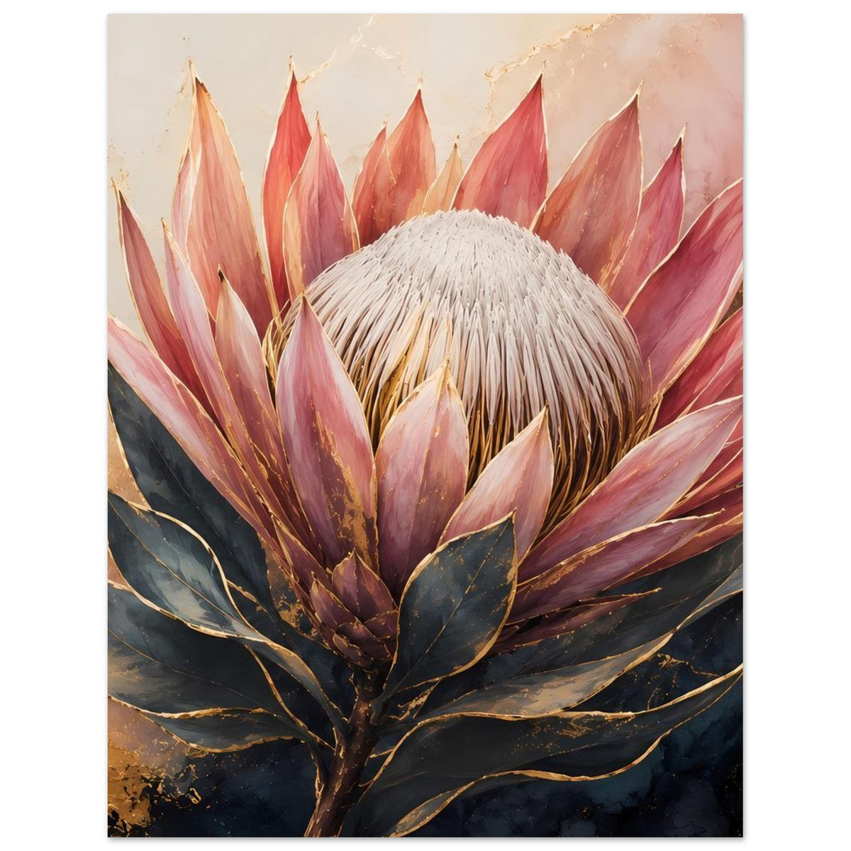 Botanisches Poster mit Königsprotea in Altrosa und Gold, breiter Blüten- und Blattrand