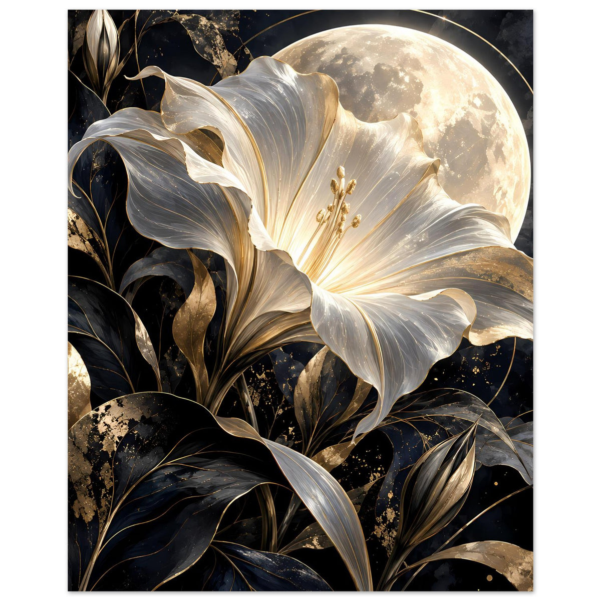Vertikales Poster: weiße Blüte mit goldenen Staubfäden, dunkle Blätter und voller Mond