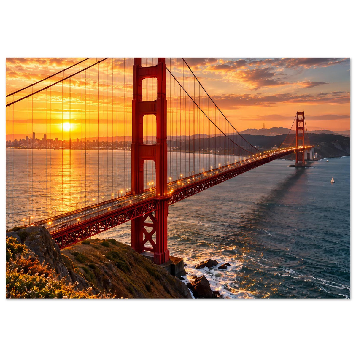 Wandposter mit Golden Gate Bridge bei Sonnenuntergang, rot beleuchtet, Querformat