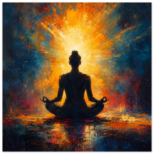 Meditatives Poster mit sitzender schwarzer Silhouette und orangegelbem Strahlenhintergrund