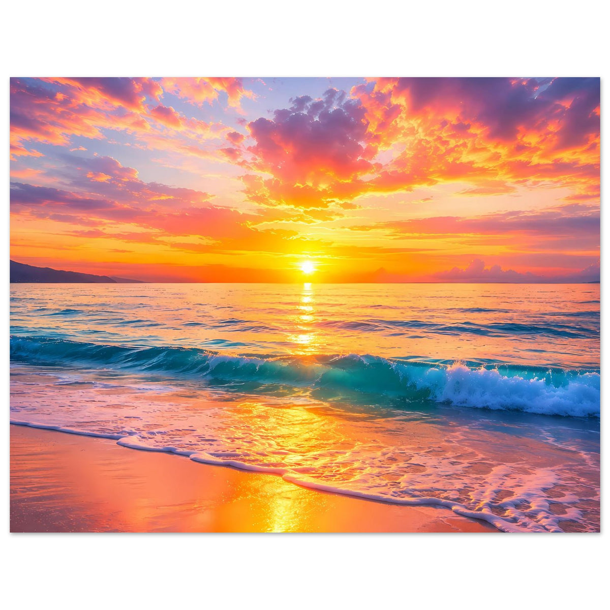 Sonnenuntergangsstrand-Poster, horizontal: orangefarbener Himmel, Sonne im Meer, Wellen am Ufer, Rand.