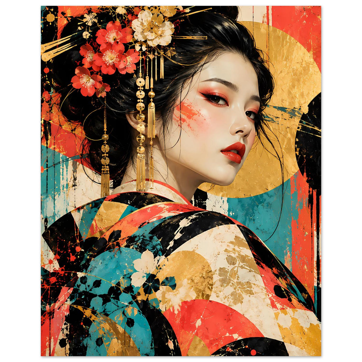 Kunstposter im Hochformat mit Geisha-Porträt, roten Blüten, goldenen Ornamenten und gemalten Mustern